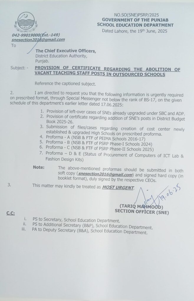 Provision of Certificate Regarding the Abolition of Vacant Teaching Staff Posts in Outsourced Schools Provision of Certificate Regarding the Abolition of Vacant Teaching Staff Posts in Outsourced Schools