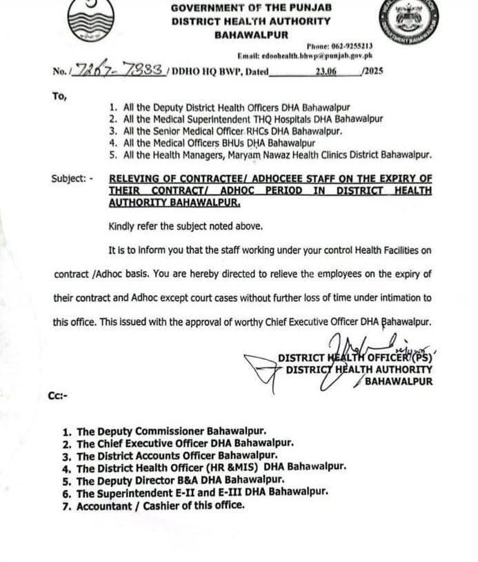 Understanding the Termination of Contract/Adhoc Staff in District Health Authority Bahawalpur Understanding the Termination of Contract/Adhoc Staff in District Health Authority Bahawalpur