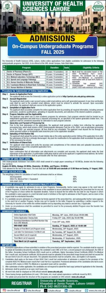 Admissions at University of Health Sciences Lahore - Fall 2025 Admissions at University of Health Sciences Lahore - Fall 2025