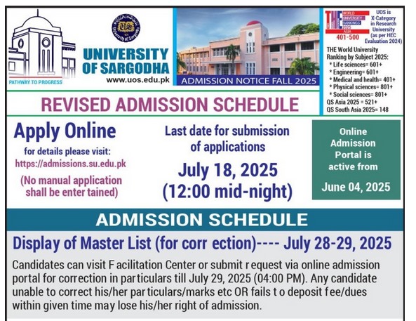 Revised Admission Schedule for Fall 2025 at the University of Sargodha Revised Admission Schedule for Fall 2025 at the University of Sargodha