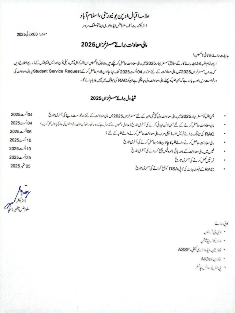 AIOU Financial Aid for the Fall 2025 Semester AIOU Financial Aid for the Fall 2025 Semester