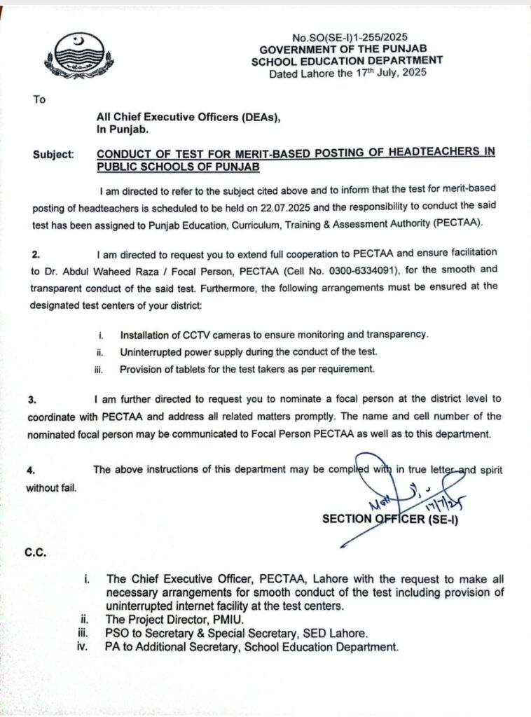 CONDUCT OF TEST FOR MERIT-BASED POSTING OF HEADTEACHERS IN PUBLIC SCHOOLS OF PUNJAB CONDUCT OF TEST FOR MERIT-BASED POSTING OF HEADTEACHERS IN PUBLIC SCHOOLS OF PUNJAB