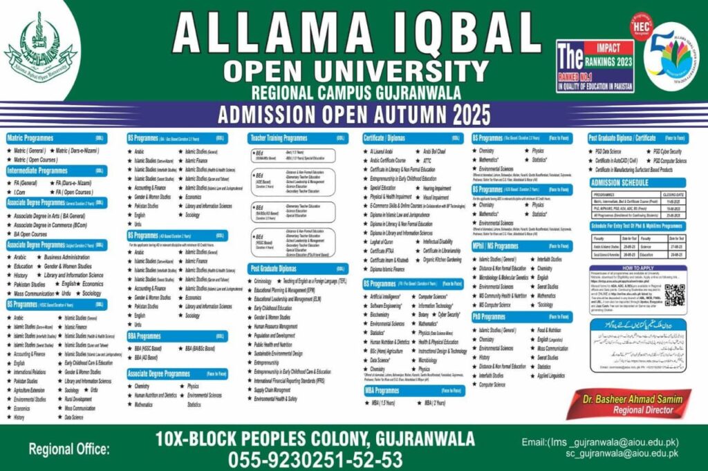 Allama Iqbal Open University Admission Autumn 2025 Allama Iqbal Open University Admission Autumn 2025