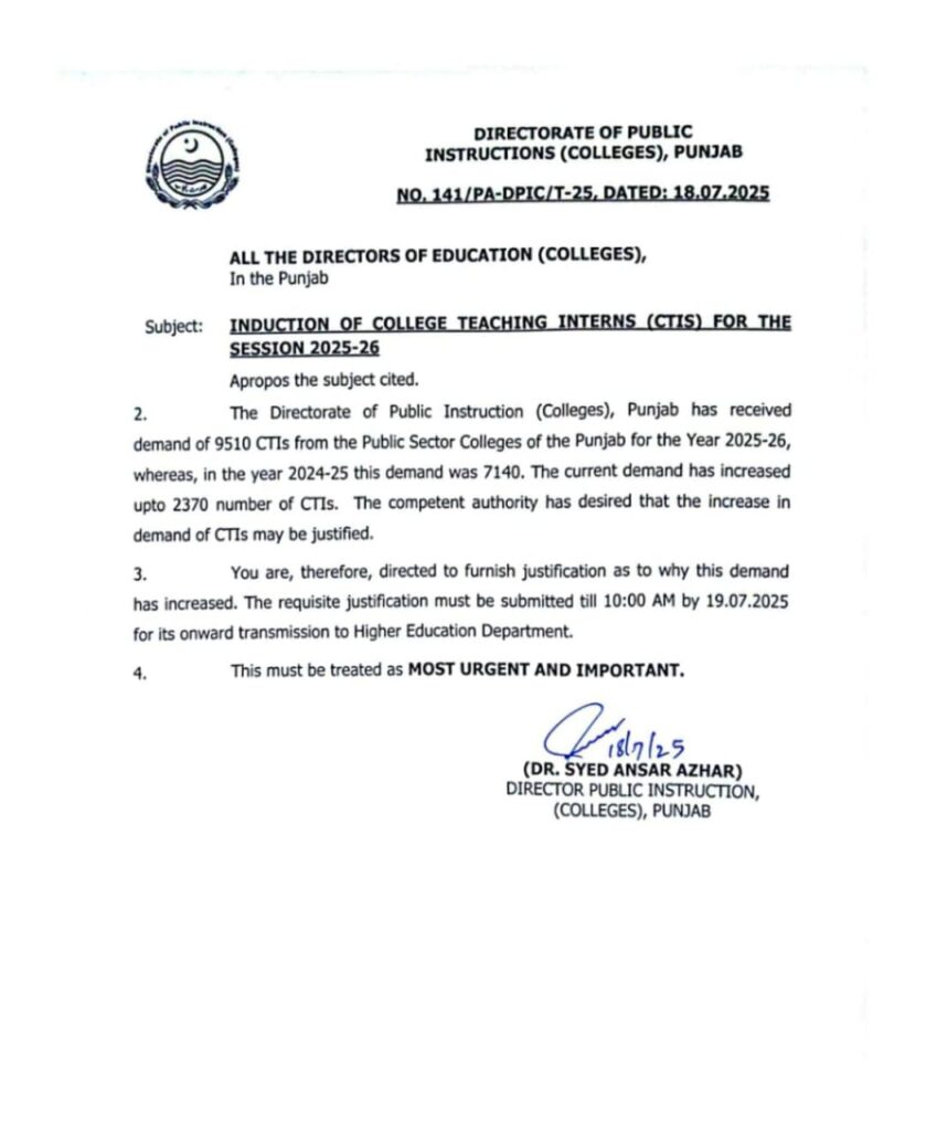 College Teaching Interns (CTI) Jobs in Punjab 2025-26 College Teaching Interns (CTI) Jobs in Punjab 2025-26
