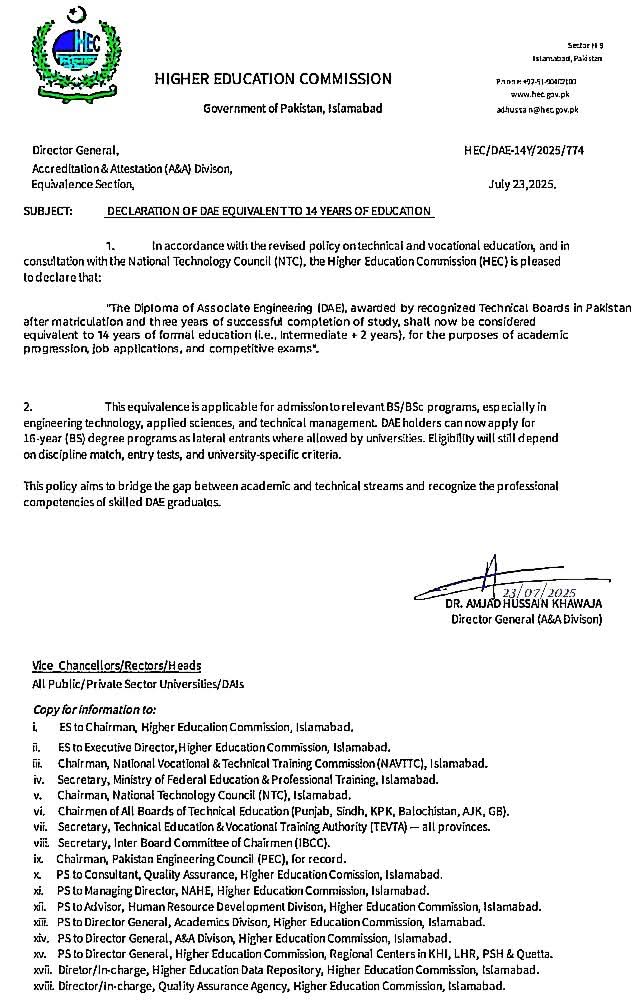 HEC Declares DAE Equivalent to 14 Years of Education HEC Declares DAE Equivalent to 14 Years of Education