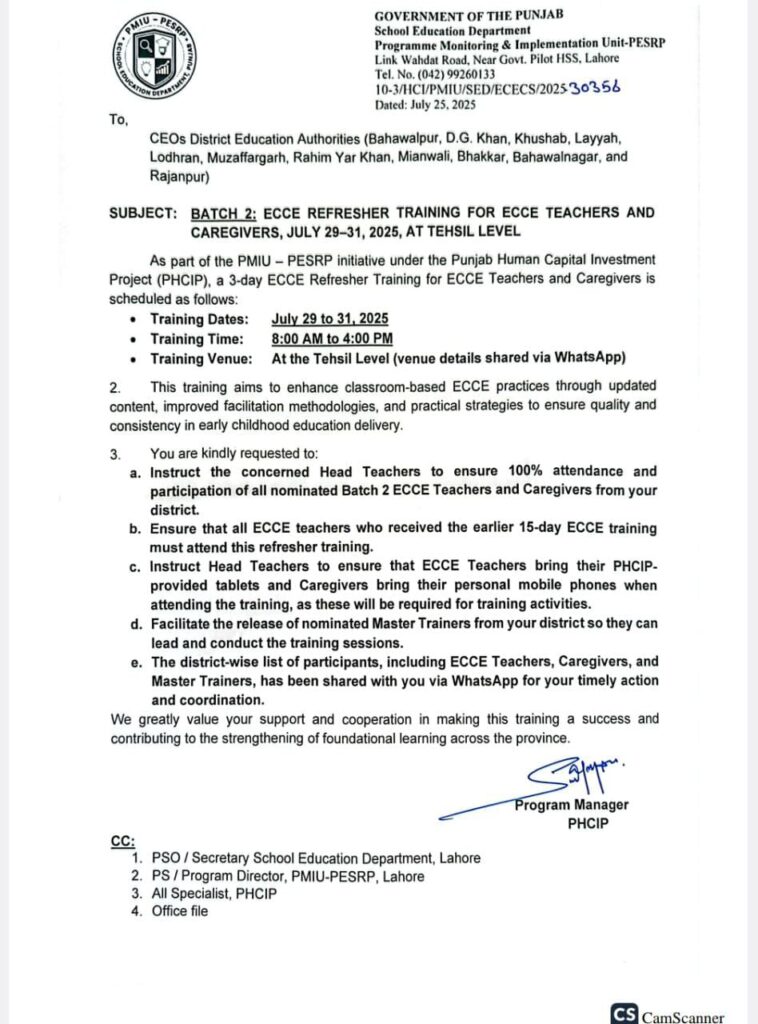 ECCE Refresher Training for Teachers and Caregivers in Punjab 2025 ECCE Refresher Training for Teachers and Caregivers in Punjab 2025