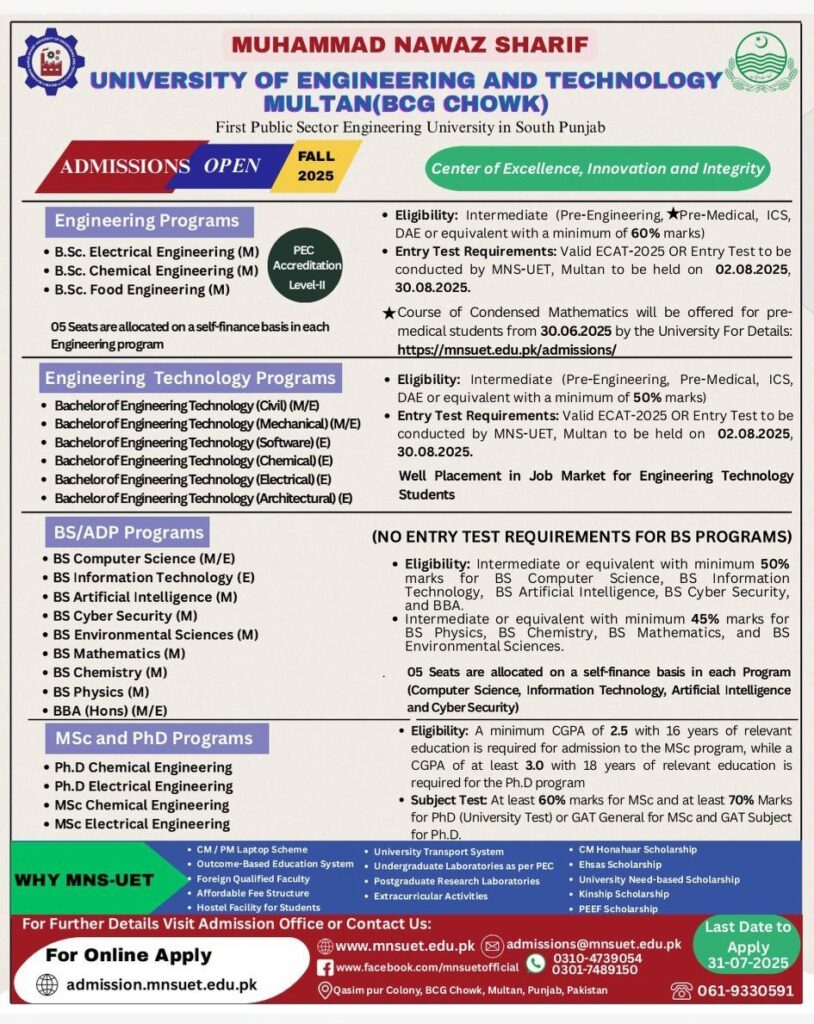 Exploring Opportunities at MNS-UET Multan for 2025 Admissions Exploring Opportunities at MNS-UET Multan for 2025 Admissions