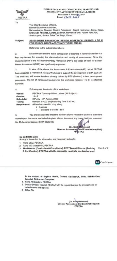 Framework Review Workshop for School-Based Assessment in Punjab Framework Review Workshop for School-Based Assessment in Punjab