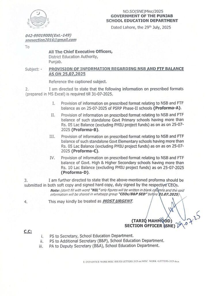 Provision of Information Regarding NSB and FTF Balance as on 25.07.2025 Provision of Information Regarding NSB and FTF Balance as on 25.07.2025