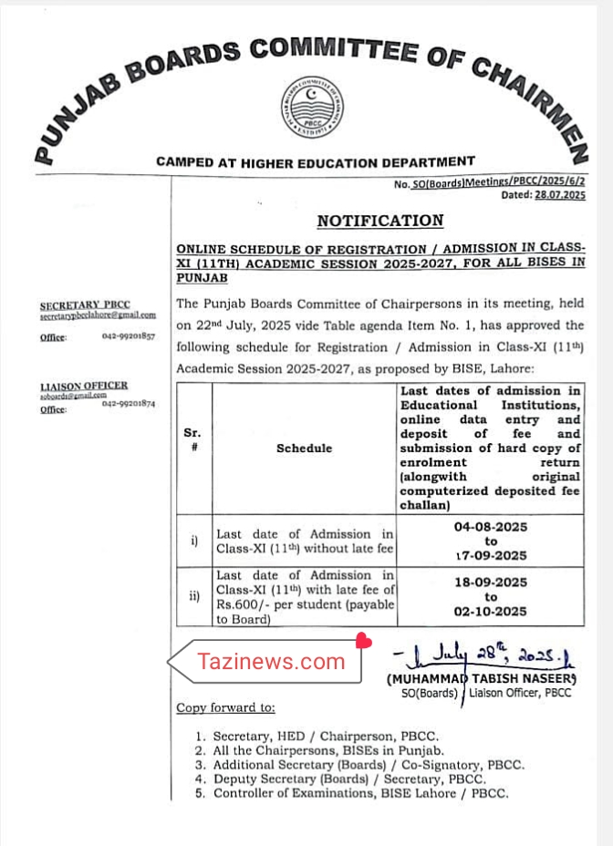 Online Admission Schedule 2025-2027 for Class XI (11th) in Punjab Online Admission Schedule 2025-2027 for Class XI (11th) in Punjab